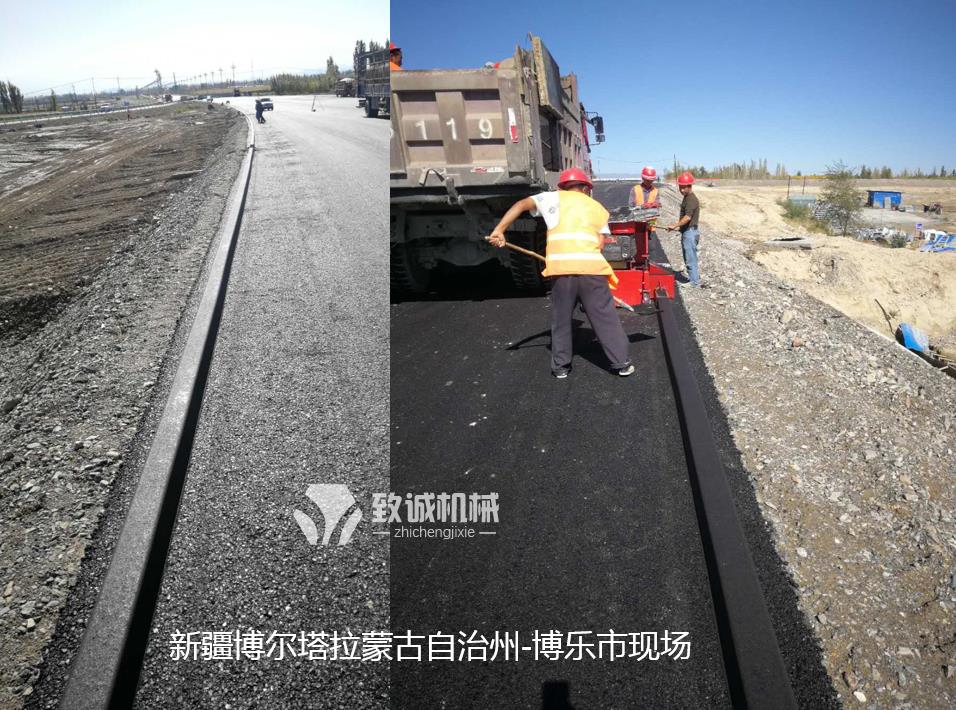 博樂小型瀝青砂攔水帶滑模機施工現場
